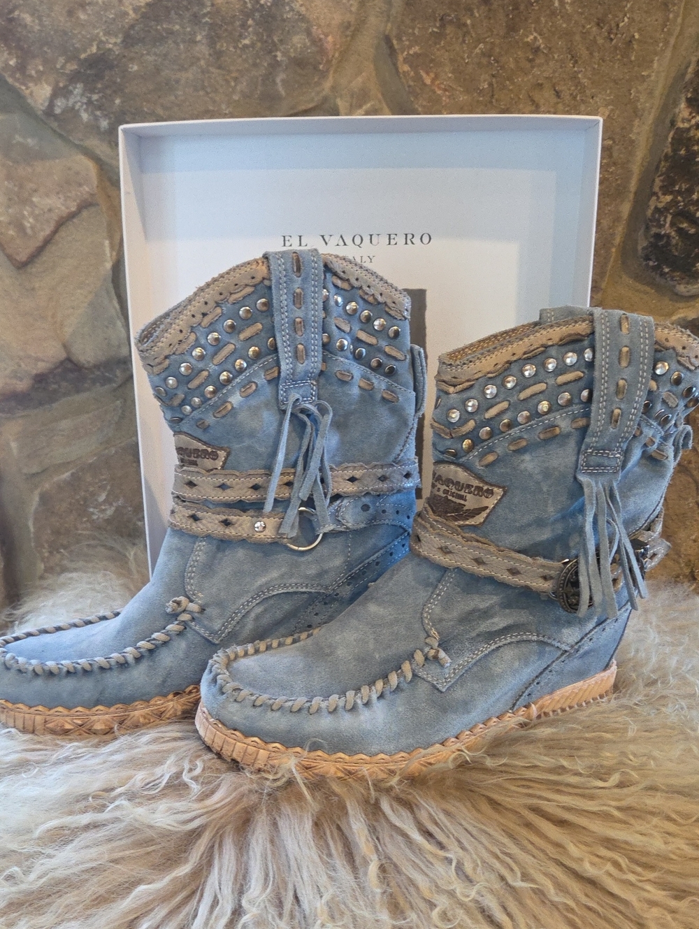 El Vaquero Light Blue Suede YARA Studded Ankle Booties